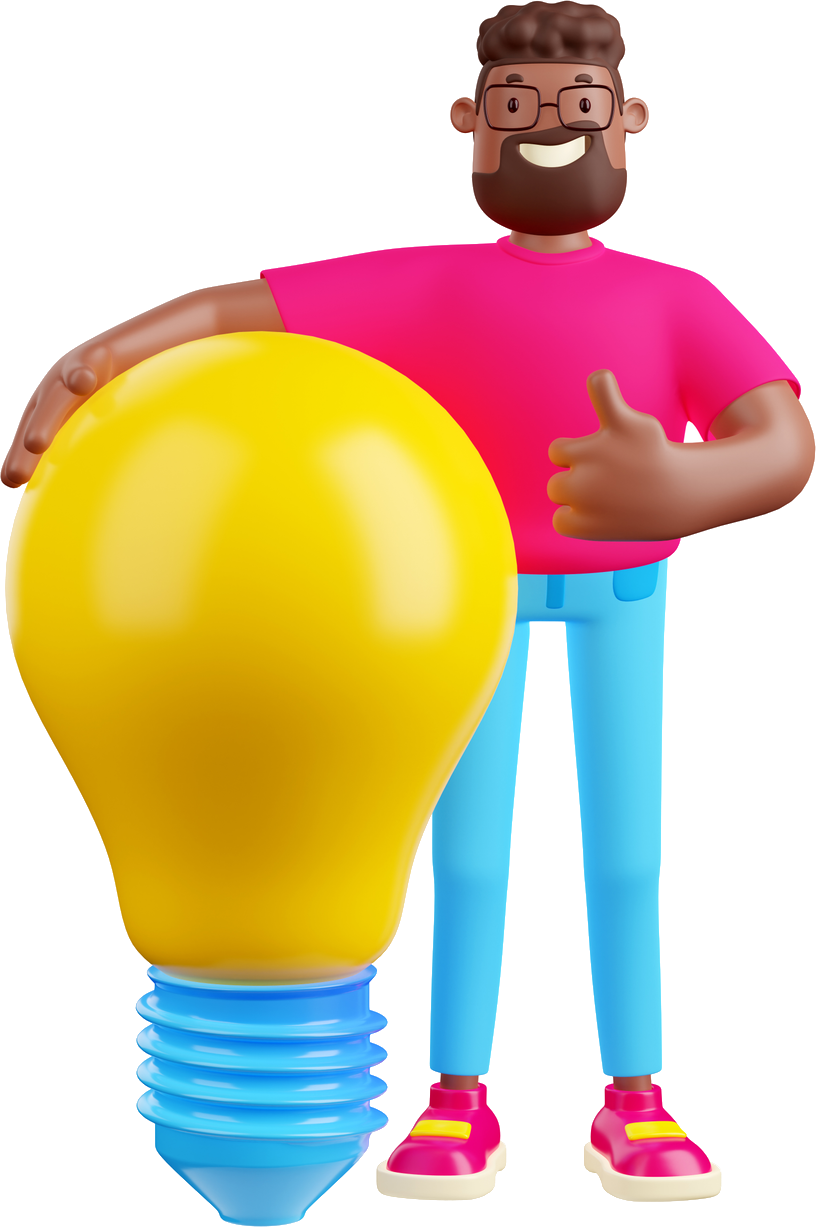 3D illustrated strategist with a big idea lightbulb