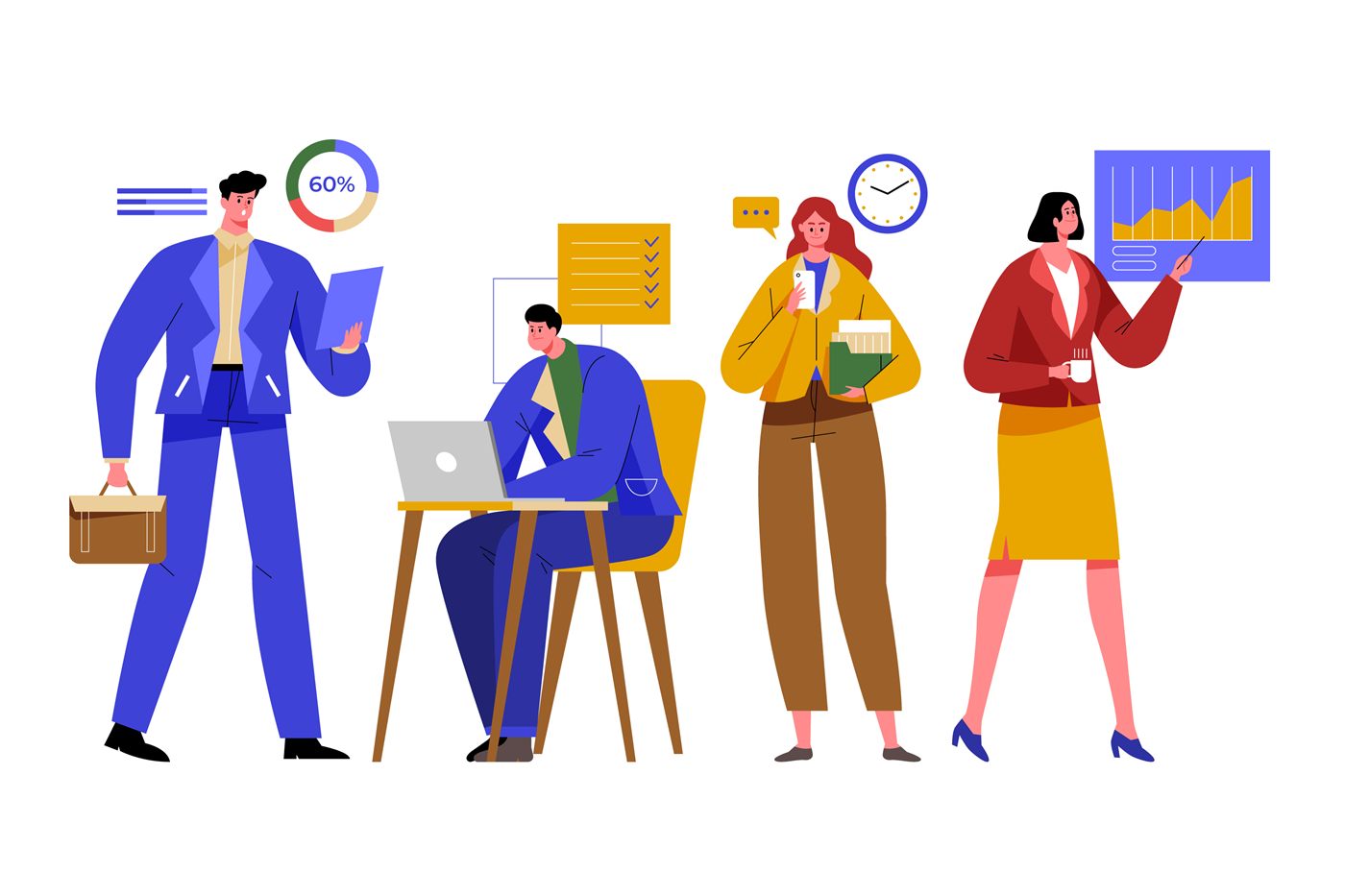 Illustration of a consulting team reviewing plans and metrics
