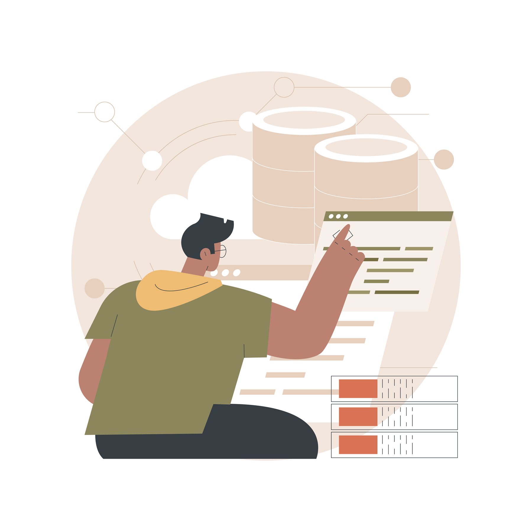 Illustration of a developer building and reviewing a website